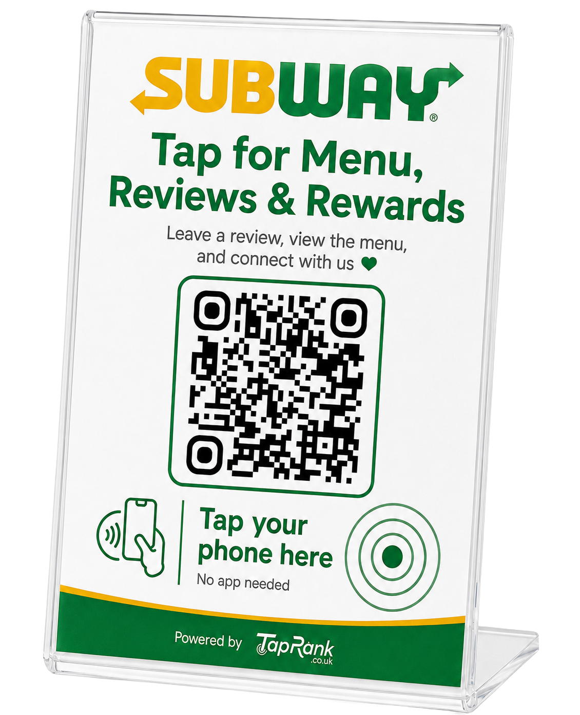 Custom branded Subway TapRank NFC and QR acrylic stand